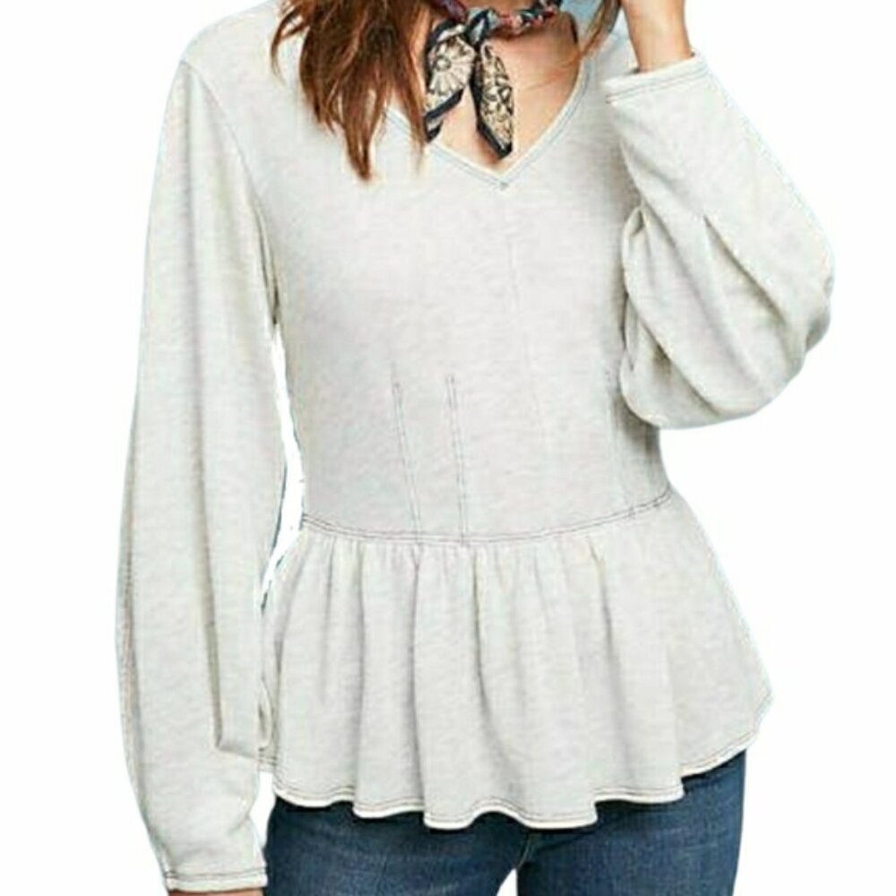 Eri + Ali Heather Gray Peplum V-Neck Sweatshirt Size L
